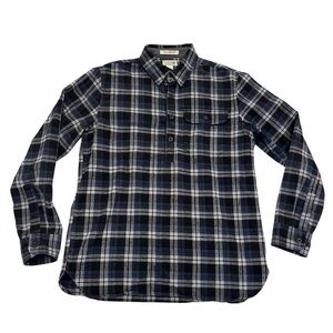 LL Bean Mens Traditional Fit Blue Plaid 1/4 Button Flannel Shirt- Medium